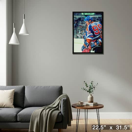 Wayne Gretzky Edmonton Oilers Framed 20" x 29" Jumping Over Bench Canvas 22.5" x 31.5"